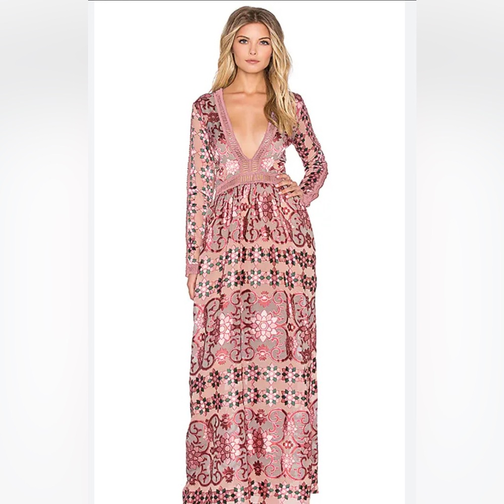 For Love & Lemons size XS maroon and pink maxi dress.